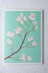 Magnolia Greeting card by Stengun Drawings showing the delicate pink flowers on light blue green