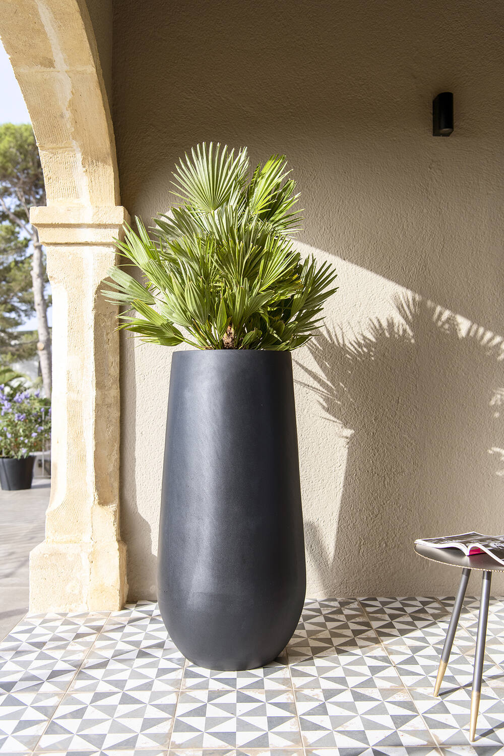 Nax Pot black potted with a palm plant on a black and white tiled floor in a lifestyle shot outside.  ©Pottery Pots