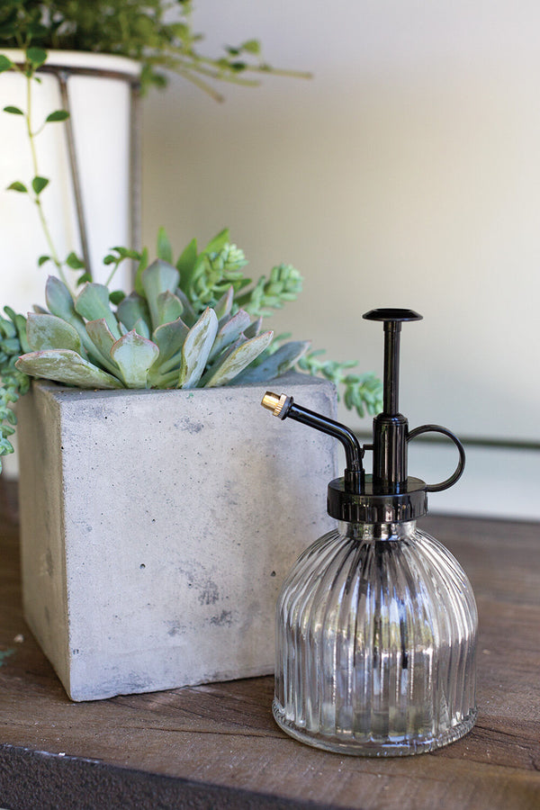 The Carlisle plant mister shown in front of a succulent planted concrete square and on a wood table.