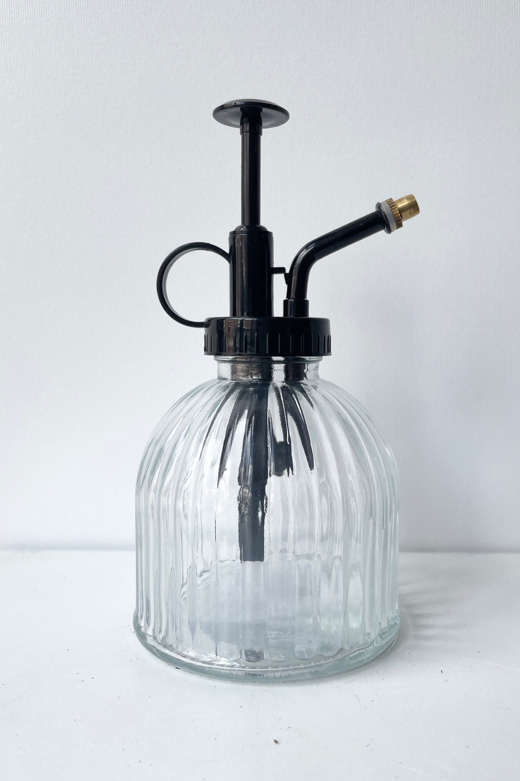 Plant mister with a glass bottom and a black top against a white wall ©Sprout Home