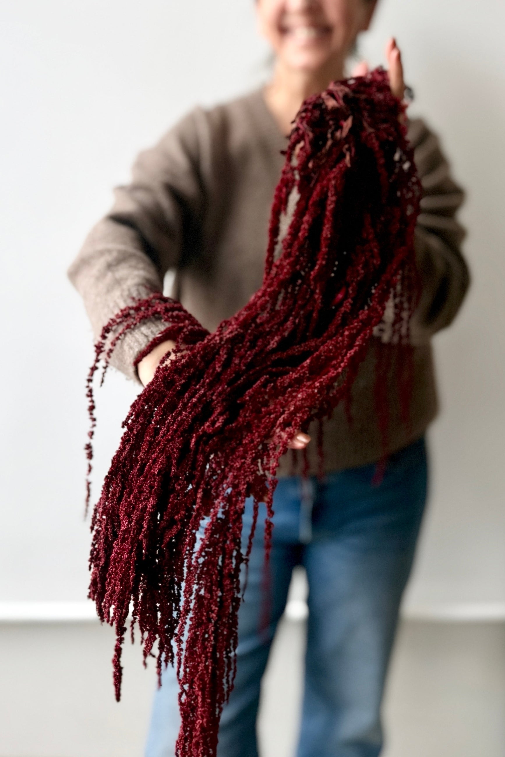 Person holding a large bundle of red preserved amaranthus against a neutral background ©Sprout Home
