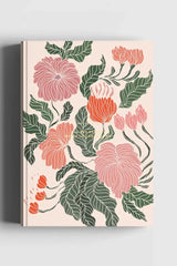 The Floral Peace Lily Notebook shown from the front with its pink flowers and green leaves on beige.