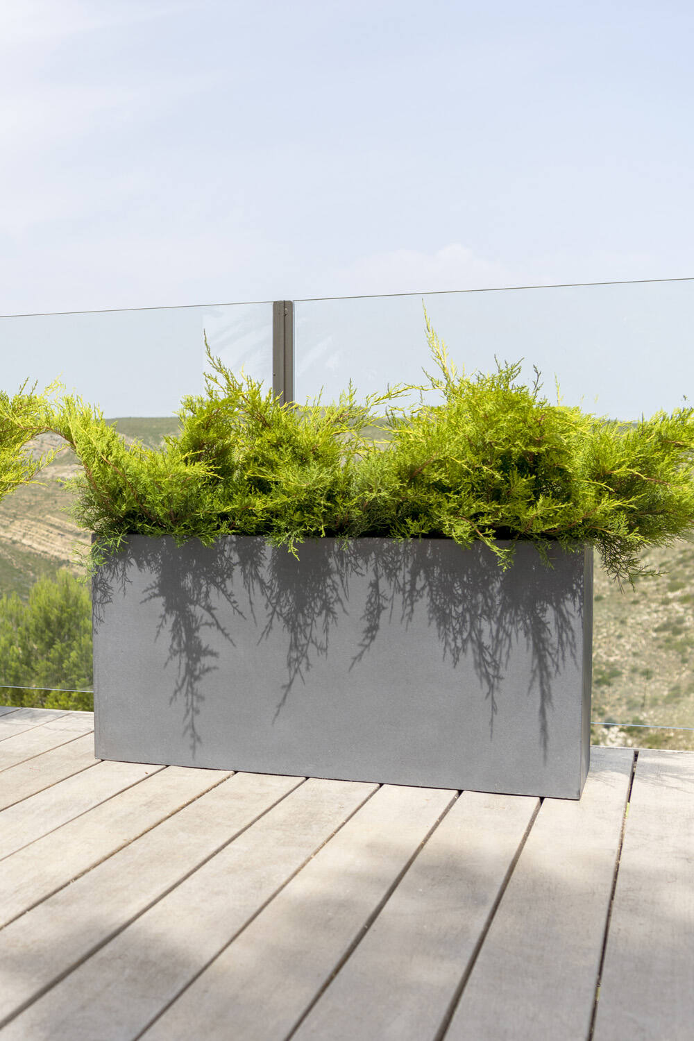 light Grey Jort Pot with planted evergreens , outside and against a glass railing by Pottery Pots 