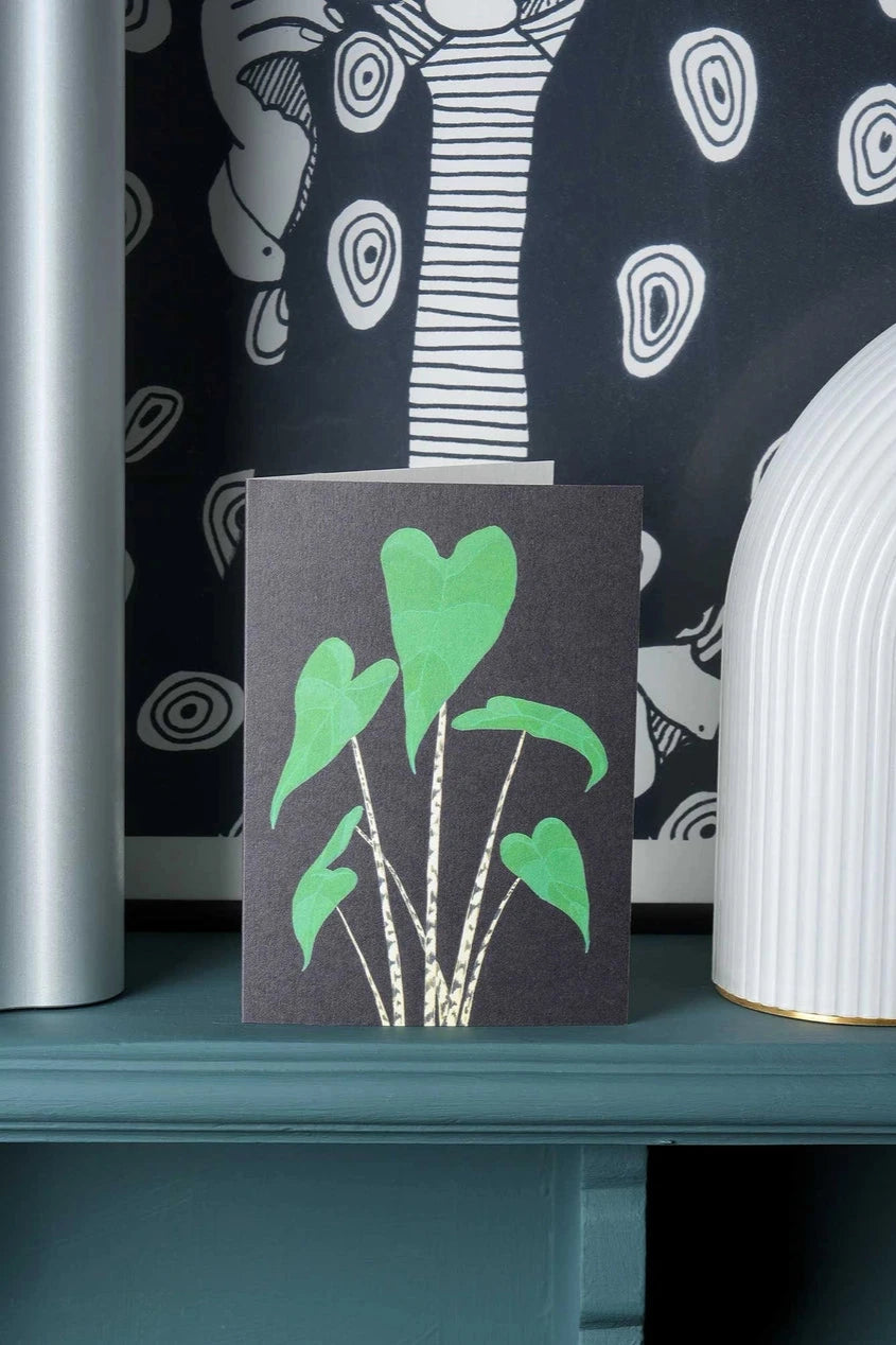 Alocasia Zebrina card by Stengun Drawings on a shelf with black and white printed wallpaper behind it.