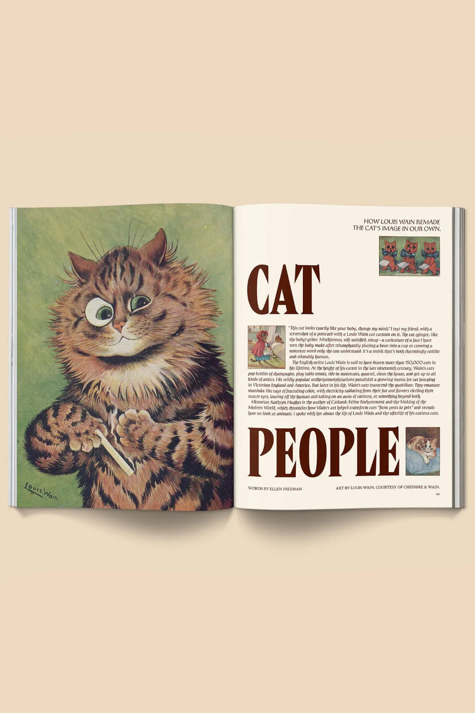 Open Catnip Magazine Volume 2 with a cat illustration on the left page and text on the right page. Broccoli