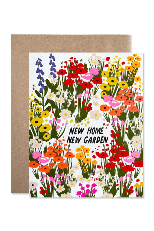 Greeting card with floral design and 'New Home New Garden' text on a white background ©Hartland Cards