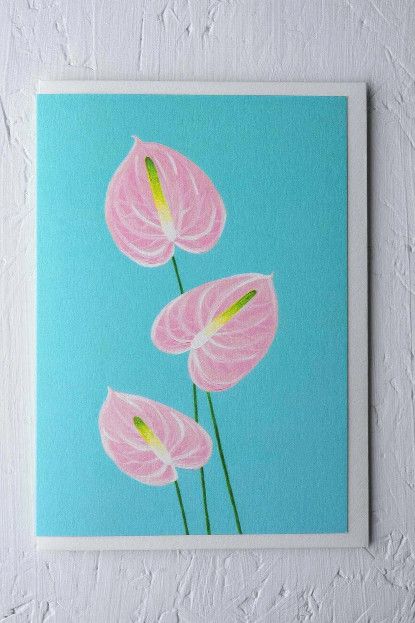 Anthuriums greeting card by Stengun Drawings shown from the front on white. 