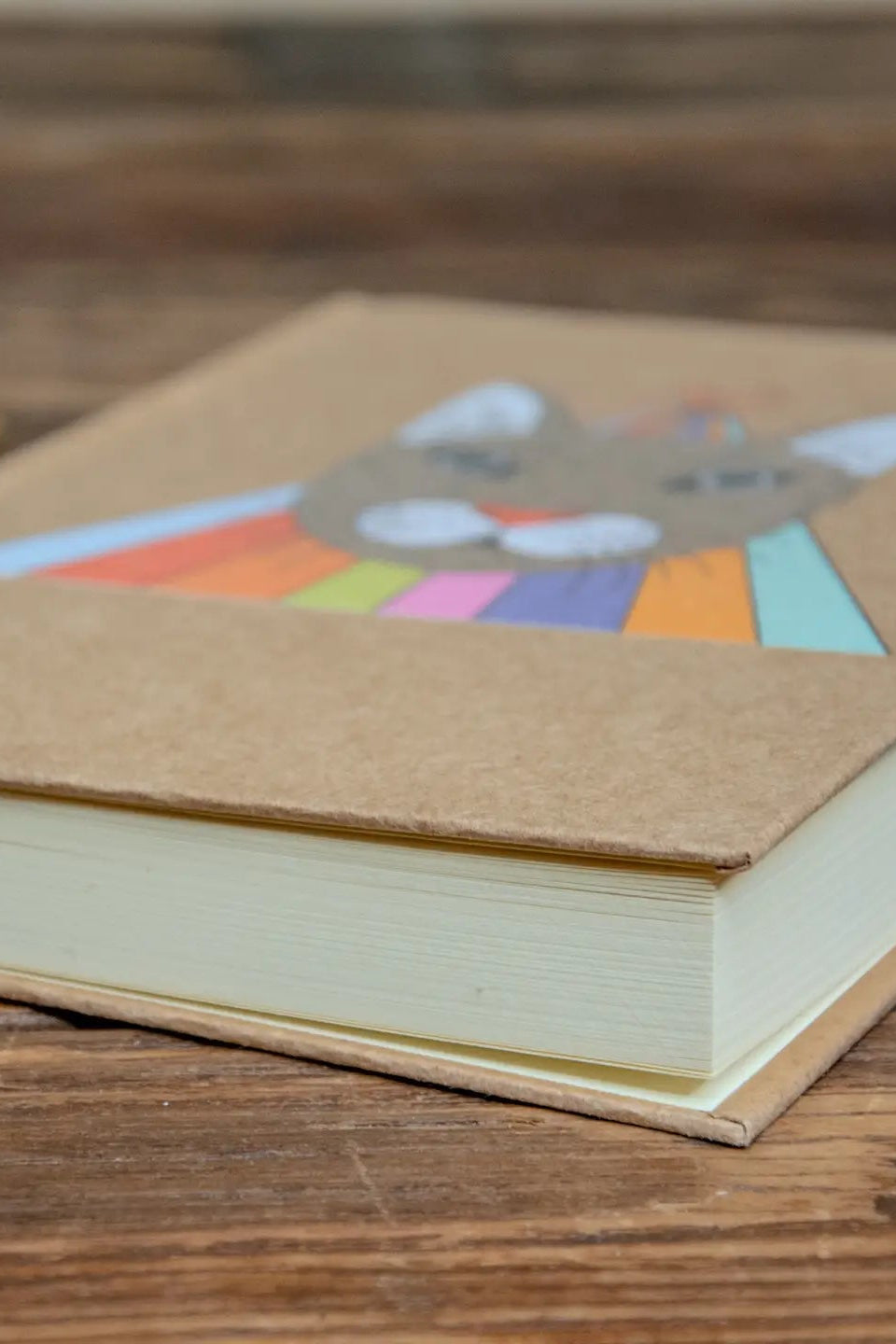 Magic Cat a5 Journal Sketchbook Notebook with colorful cat illustration on a wooden surface ©Glum Lot Press