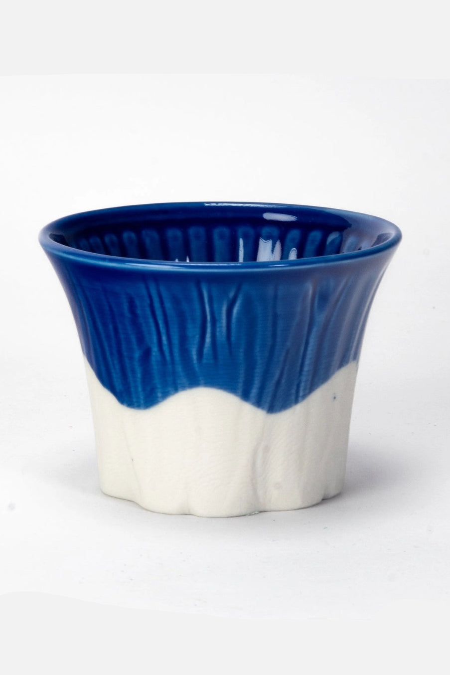 Ceramic  Fuji Sakura planter with blue top and white bottom on a light gray background ©Urban Tokyo