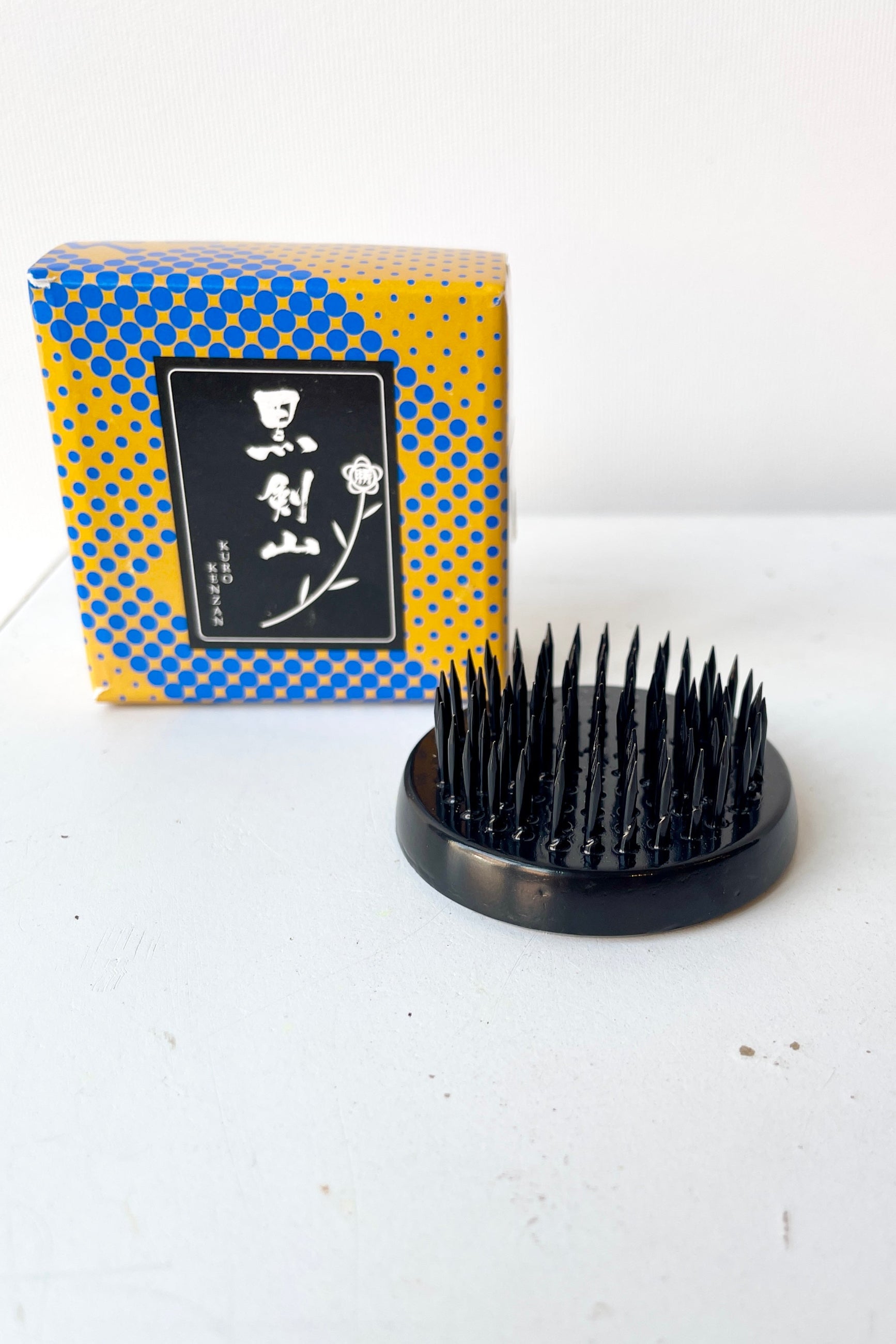 A small black Kenzan floral frog with its packaging.  ©Sprout Home