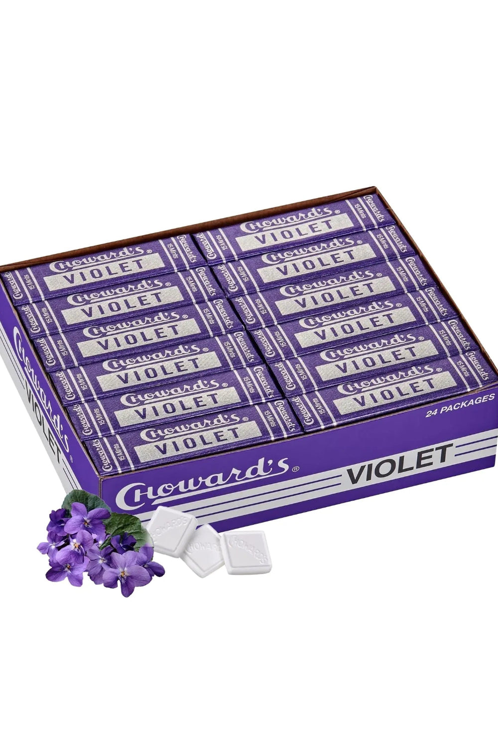 Box of Chowards Violet candy with purple flowers on a white background
