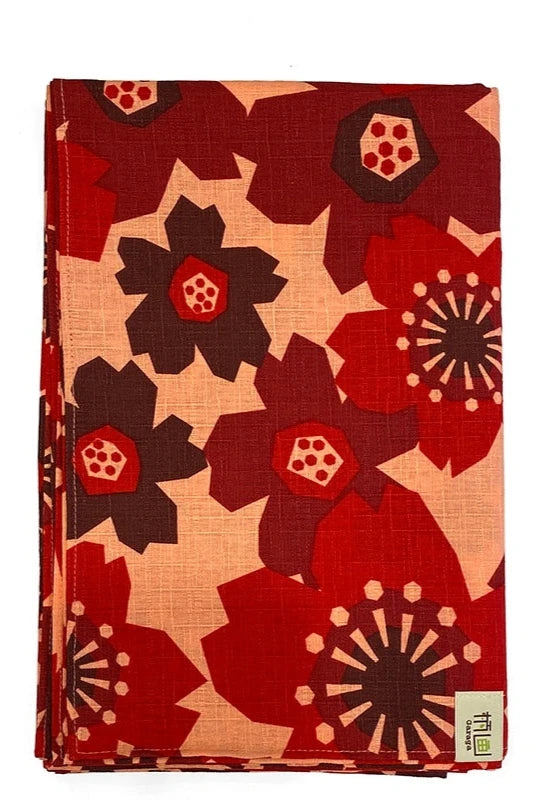 Furoshiki Pattern Flowers Red folded showing the fun modern graphics.