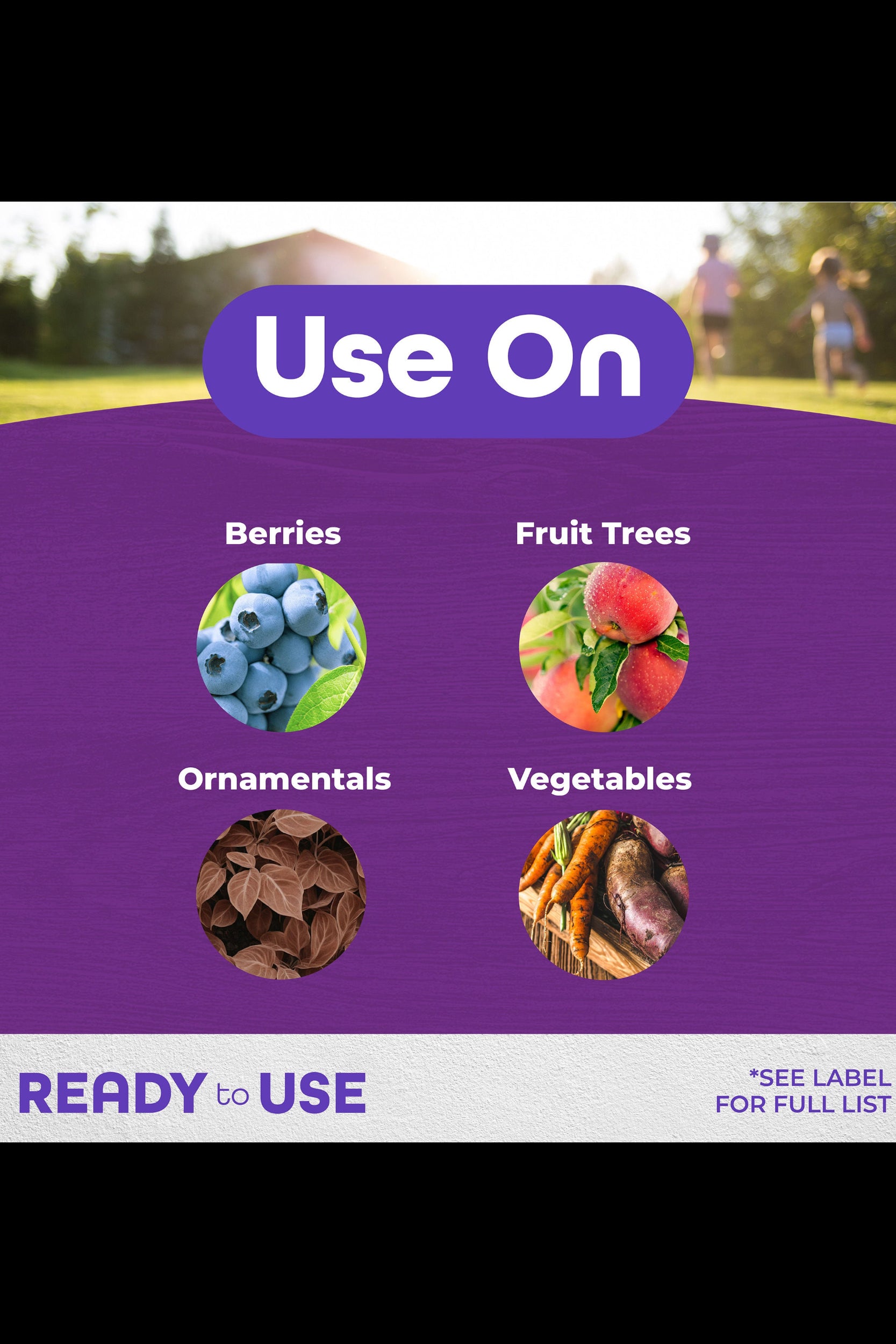 Product label for use on berries, fruit trees, ornaments, and vegetables with images and text on a purple background. ©Bonide