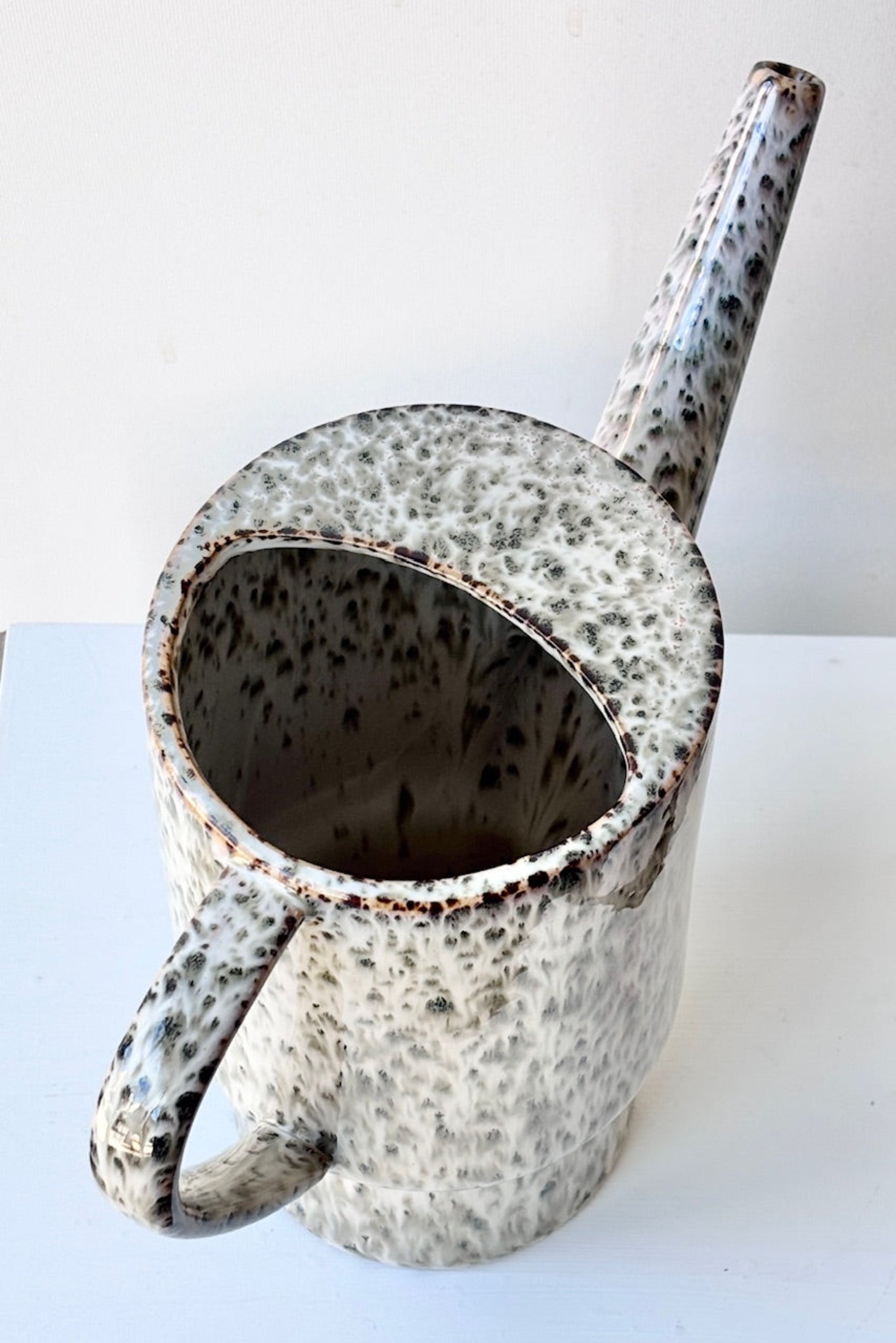 Top view of ceramic Lucien pitcher with speckled pattern on a white background ©Sprout Home