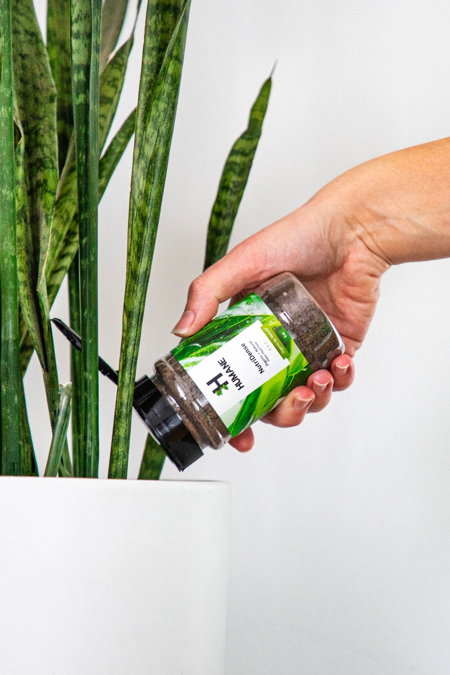 Hand holding a small container of Humane plant food next to a potted plant ©Humane