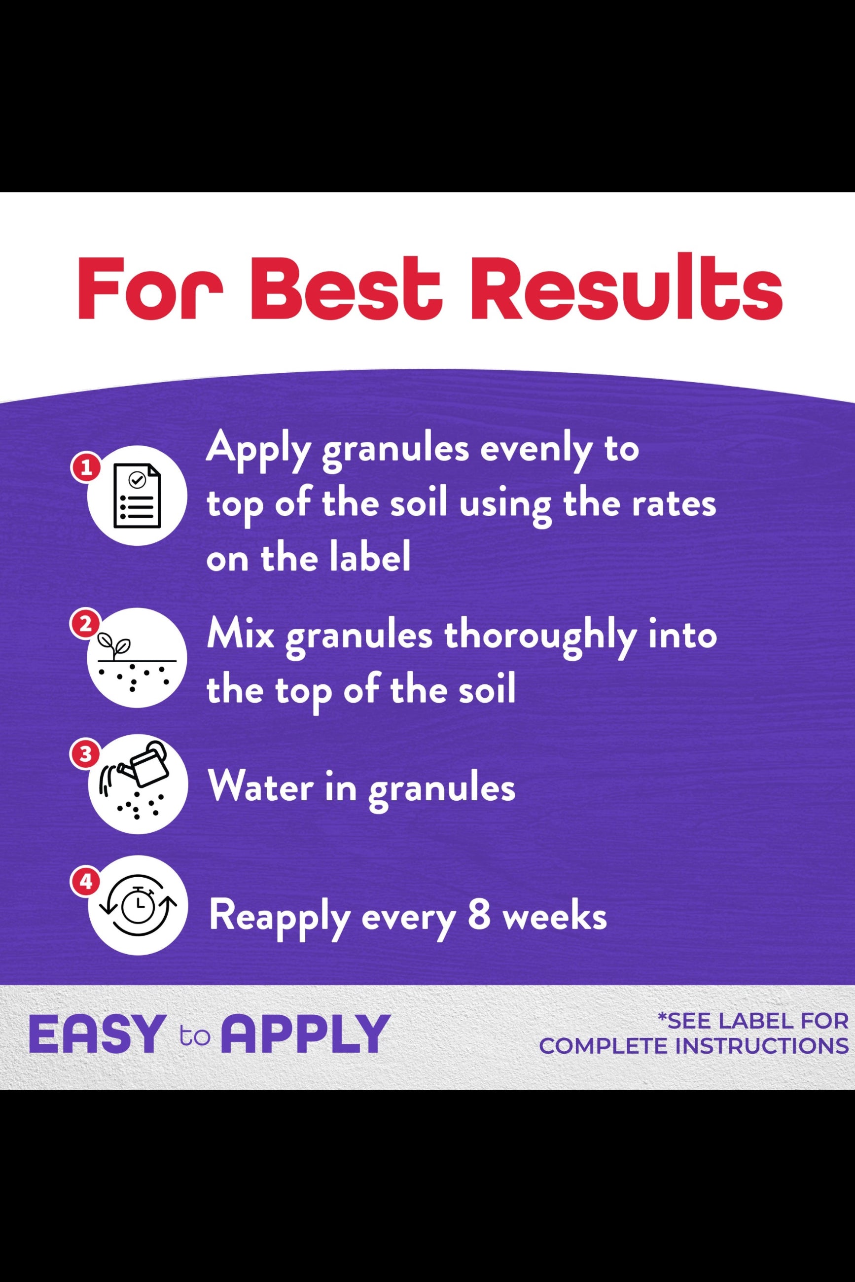 Instructions for applying granules to soil on a purple background ©Bonide