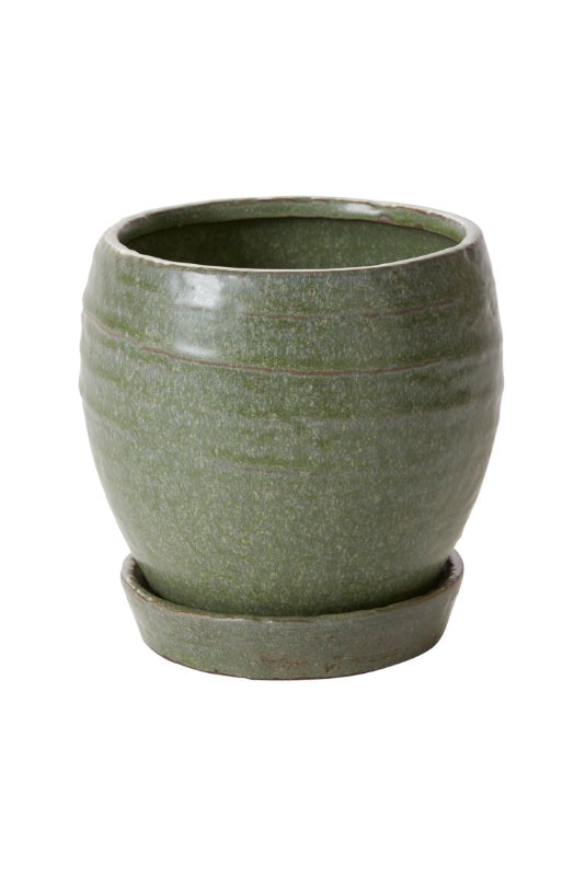 Green ceramic Romey pot with saucer on a white background ©Accent Decor