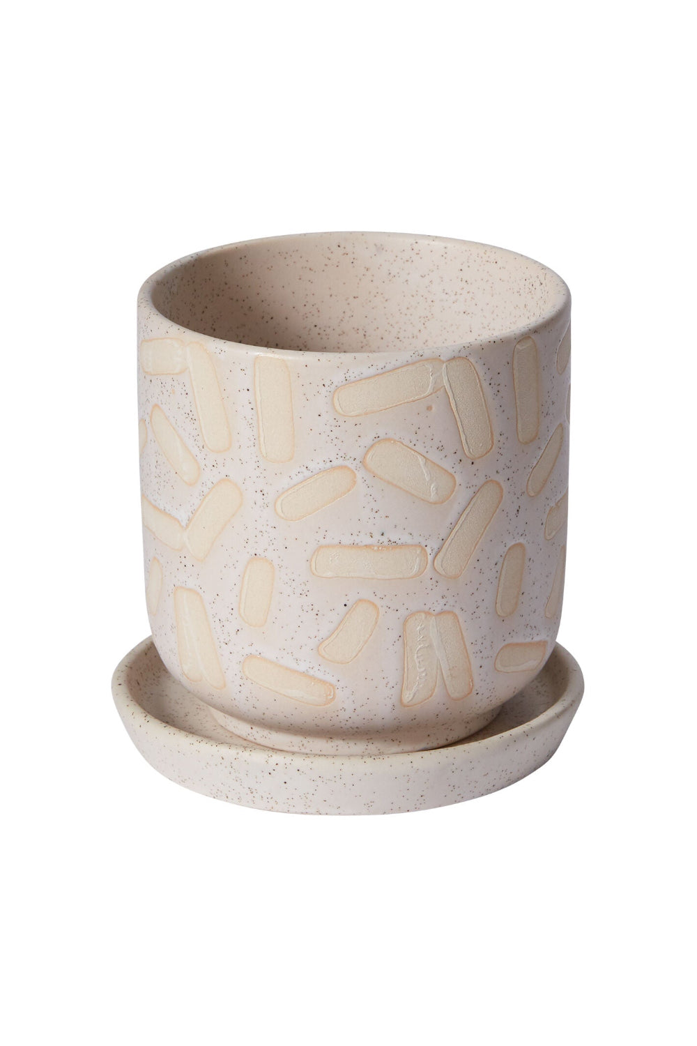 Sundae pot in white showing he off white graphics on the main vessel on white ©Accent Decor