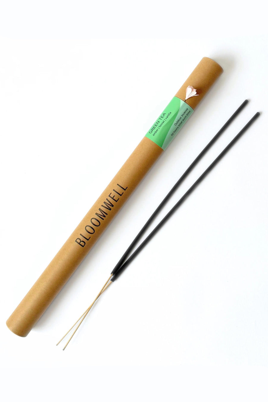 Bloomwell incense stick set with a brown cylindrical packaging on a white background ©Bloomwell