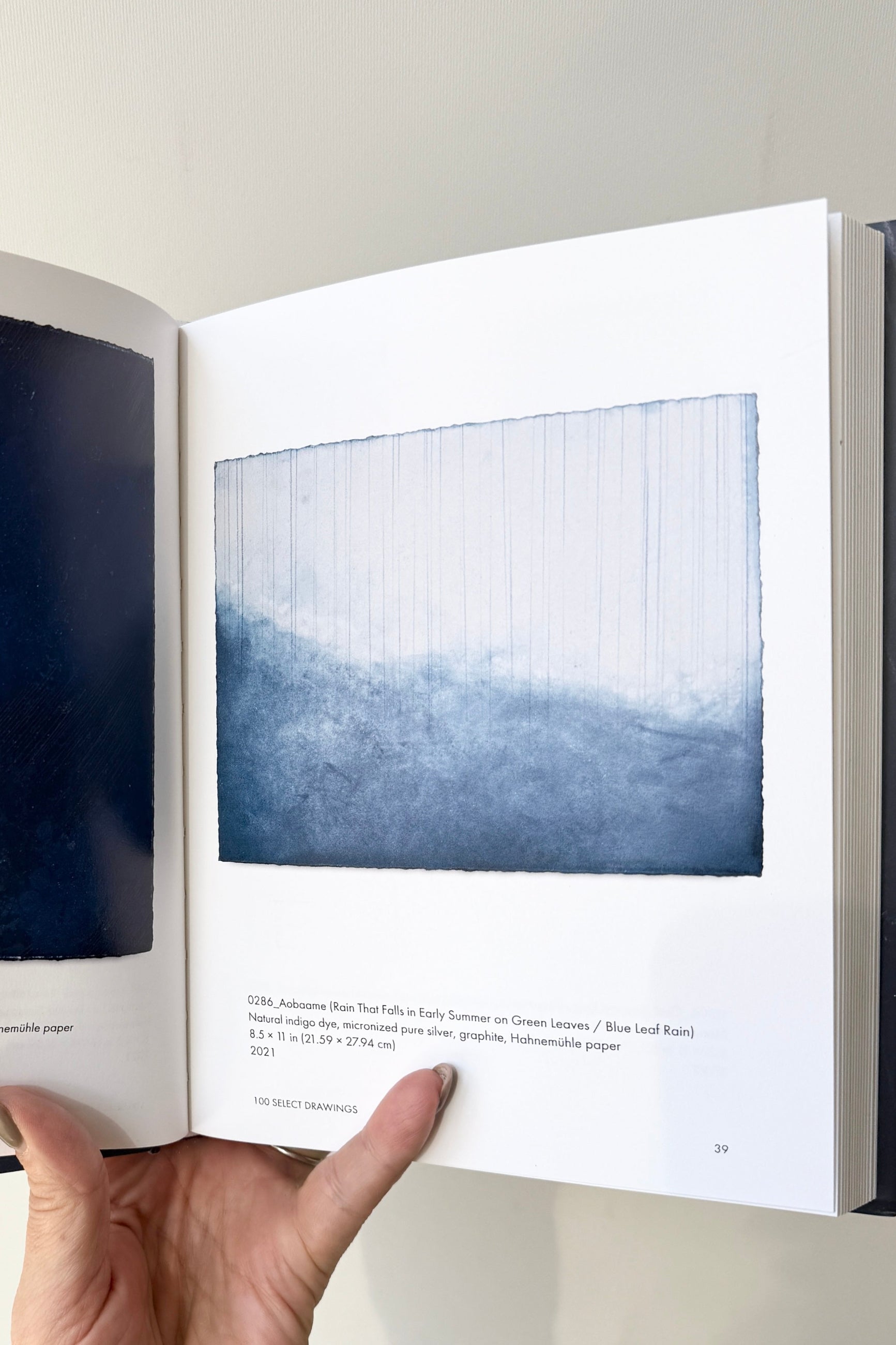 Hand holding an open Water of Sky book with a blue and white abstract painting on a plain background ©Sprout Home