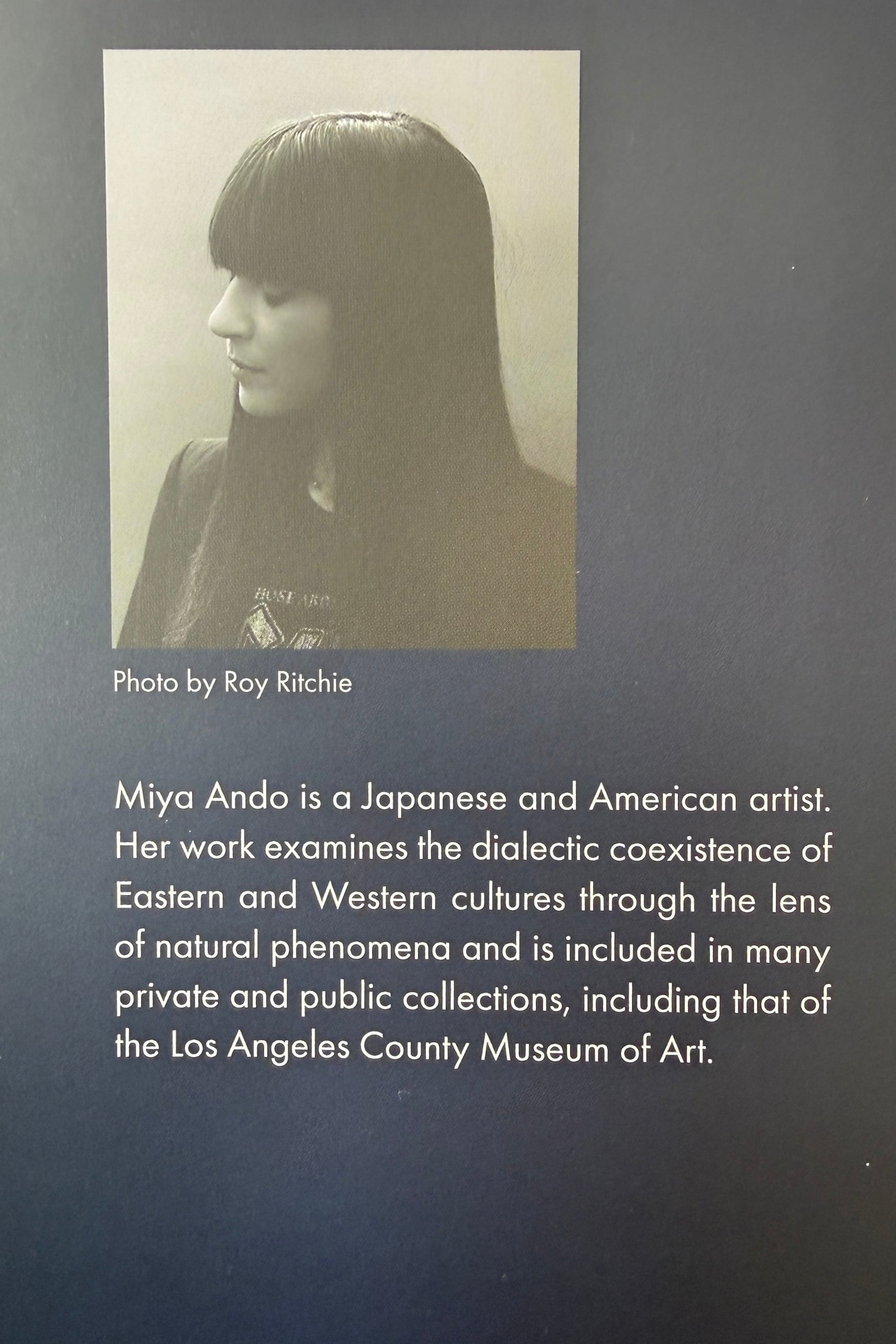 Biographical information about Miya Ando with a photo of her on a dark background for the book  Water of the Sky ©Sprout Home