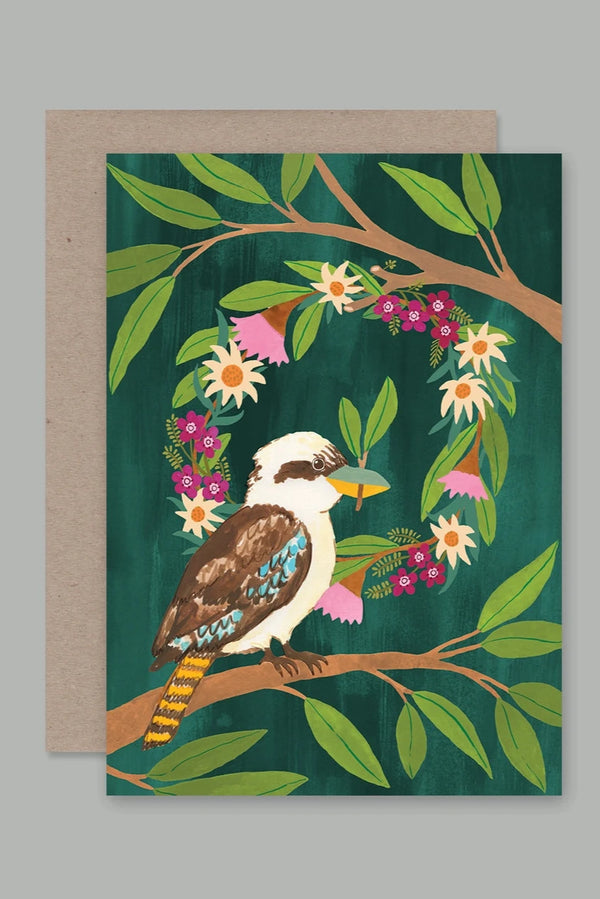 Kookaburra Cards by AHD Paper Co featuring the bird on a green background and a floral wreath