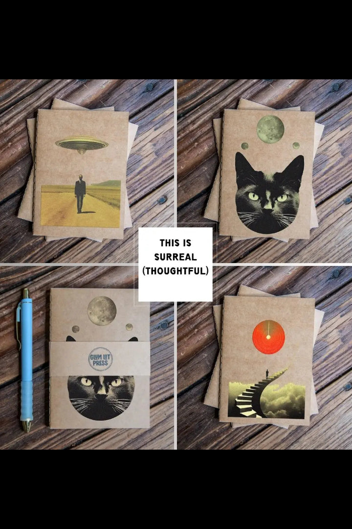 Collage of four notebooks with surreal designs on a wooden surface. ©Glum Lot Press