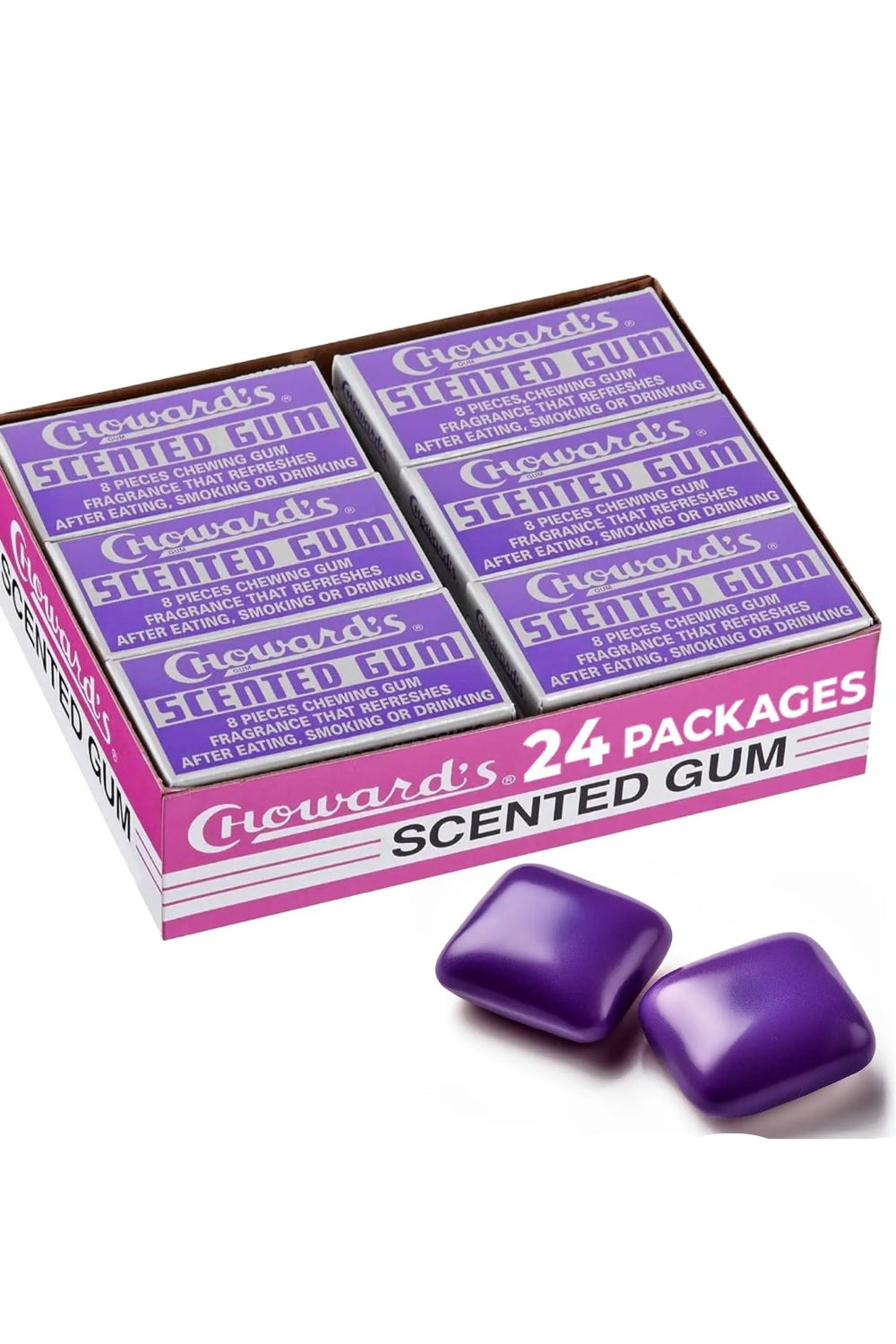 Box of Chowards scented gum with purple pieces on a white background