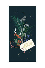 The front of the winter foliage card with the green bouquet and note on black. 