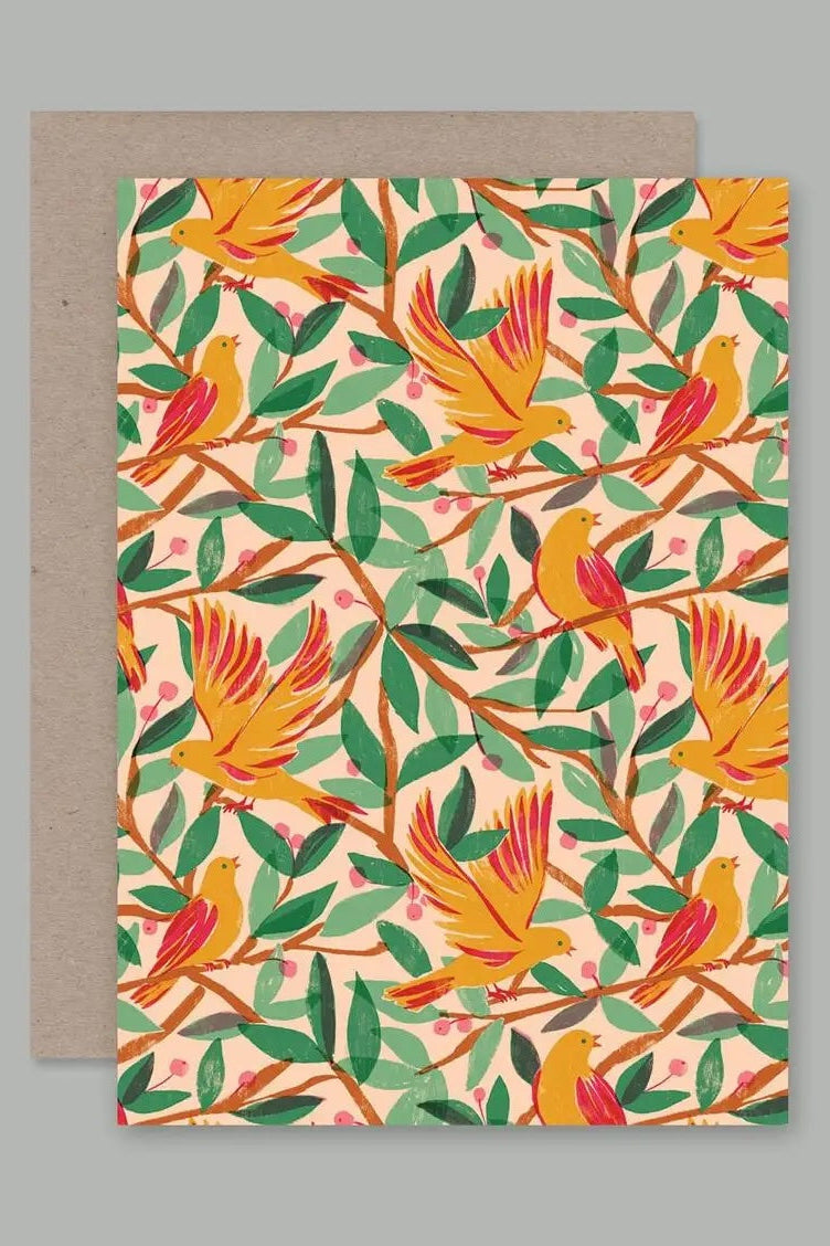 A colorful bird patterned greeting card on a blank background ©Sprout Home