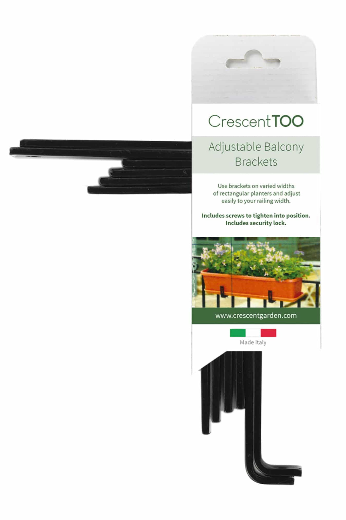 Packaging of Crescent TOO adjustable balcony brackets with black brackets included. ©Crescent 