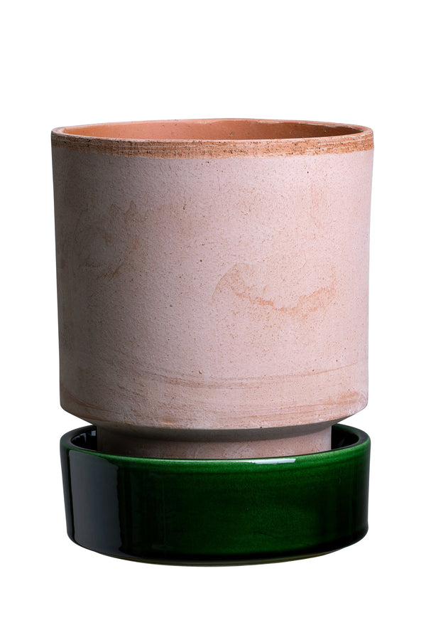 Rosa and Emerald Hoff Pot by Bergs Potter empty against a white wall.