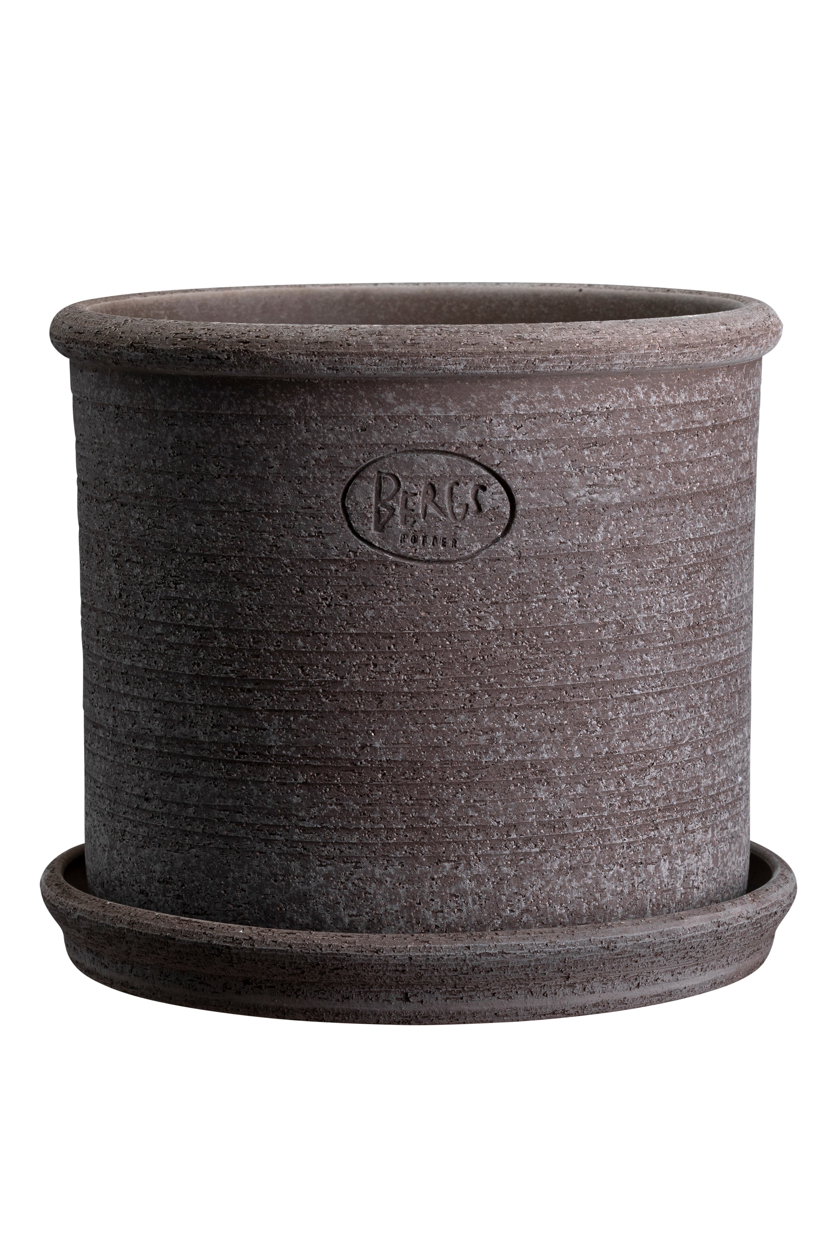 Gray Modena Raw ceramic planter with saucer on a white background ©Bergs Potter