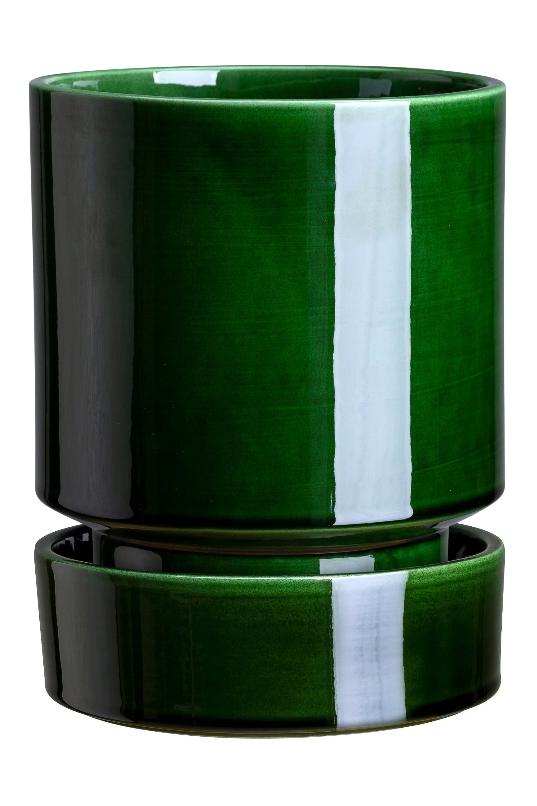 A green glazed ceramic pot with a white stripe, designed by Danish artist Anne Hoff, with a matching glazed saucer. ©Bergs Potter