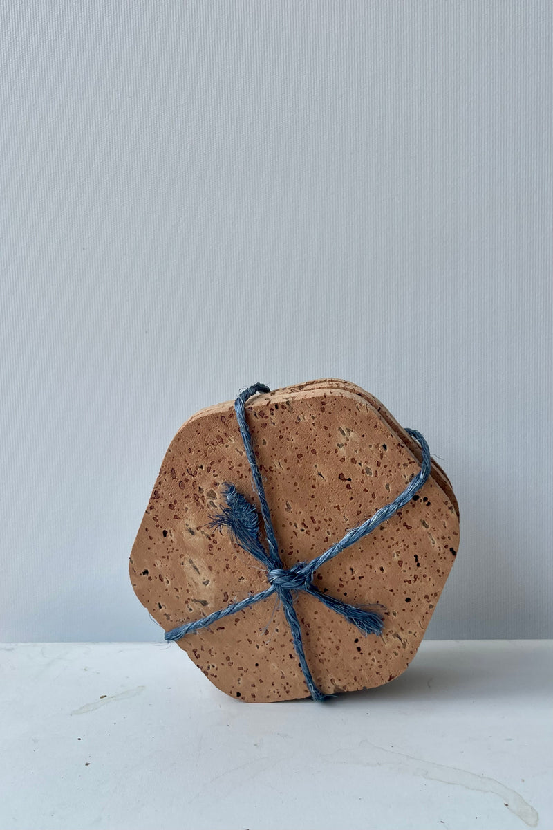 Photo of cork polygon coasters. These six-sided coasters are tied together as a set with blue twine and are photographed in a white room on a white surface. 