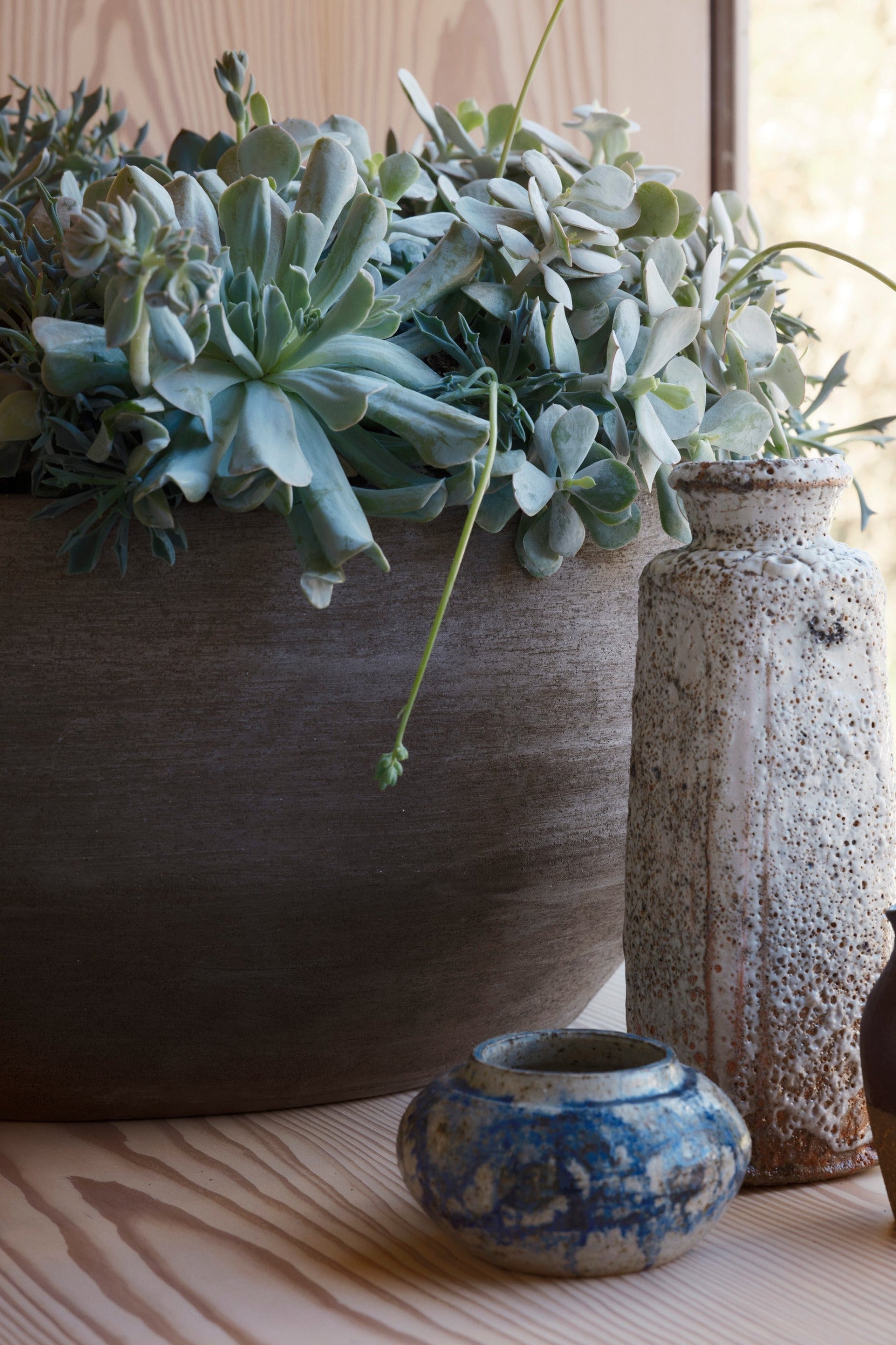 Doma Grey planter with plants on a wooden surface ©Bergs Potter