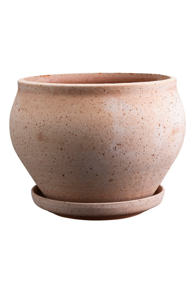 Rosa Delphi Low ceramic planter with saucer on a white background ©Bergs Potter