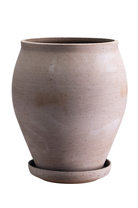 grey tall Delphi planter ceramic planter with saucer on a white background ©Bergs Potter