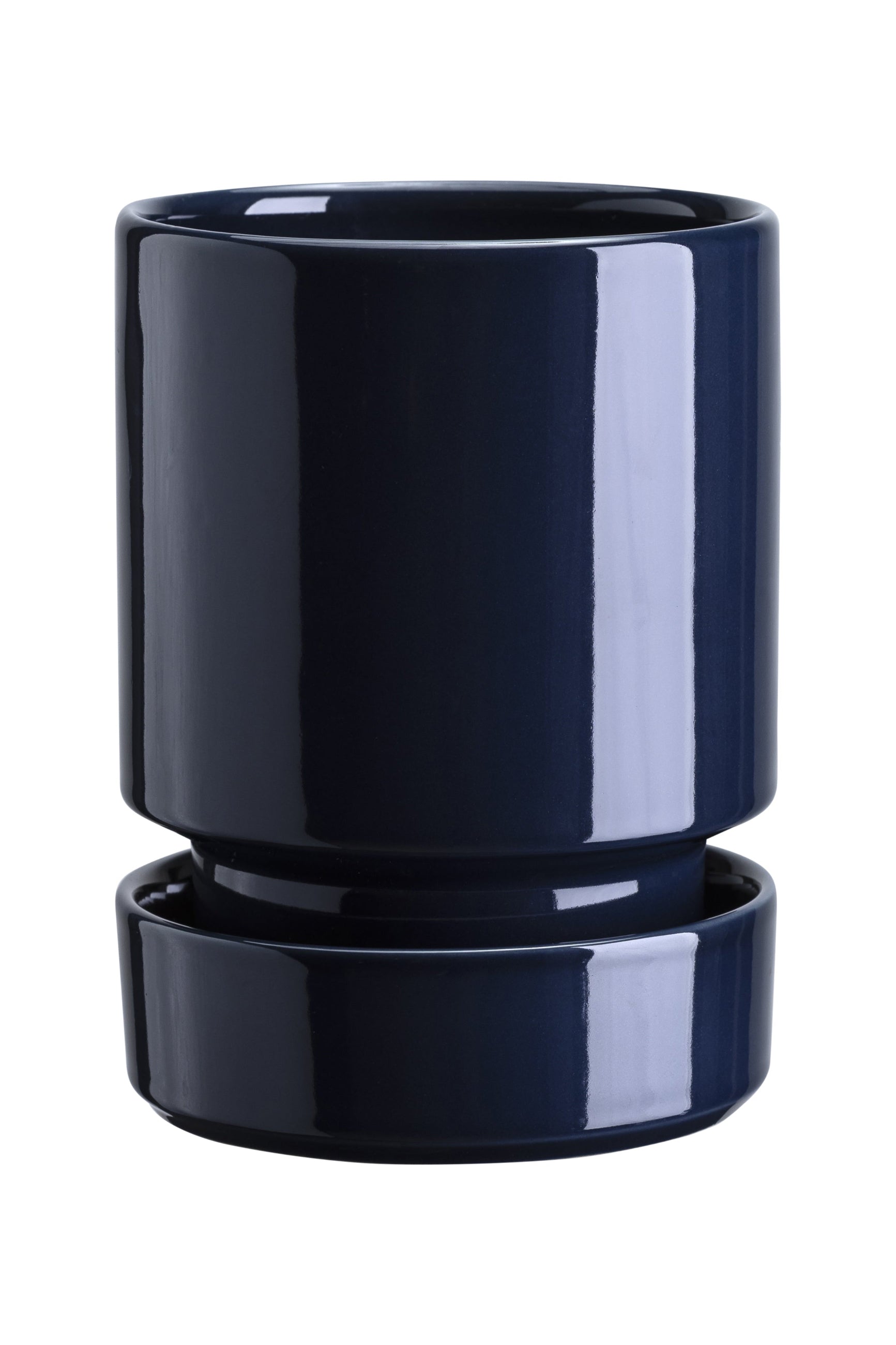 Sapphire blue ceramic Hoff planter with matching saucer on a white background  ©Bergs Potter