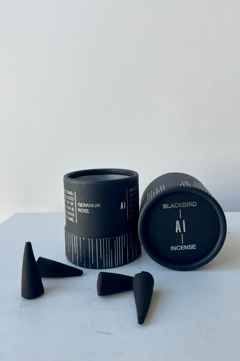 A cylinder of Blackbird incense sits on a white table in a white room. The incense is called Ai. Packaging features a black background with a silver detail of vertical parallel lines of varying lengths. To the front and left sits a scattering of black incense cones.