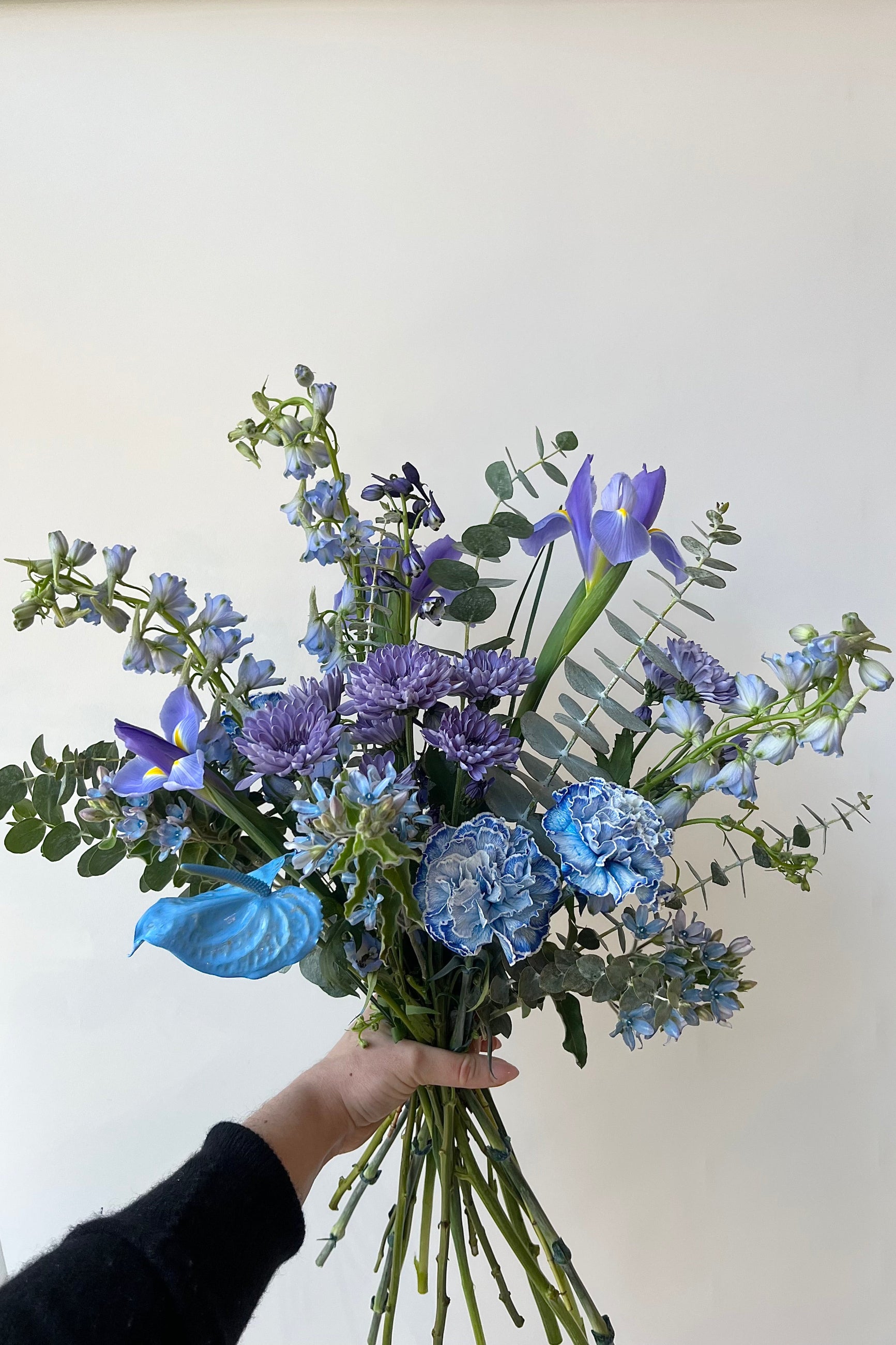 Blue Valentine Arrangement with Blue Anthurium by Sprout Home being held in hand ©Sprout Home #size_$130