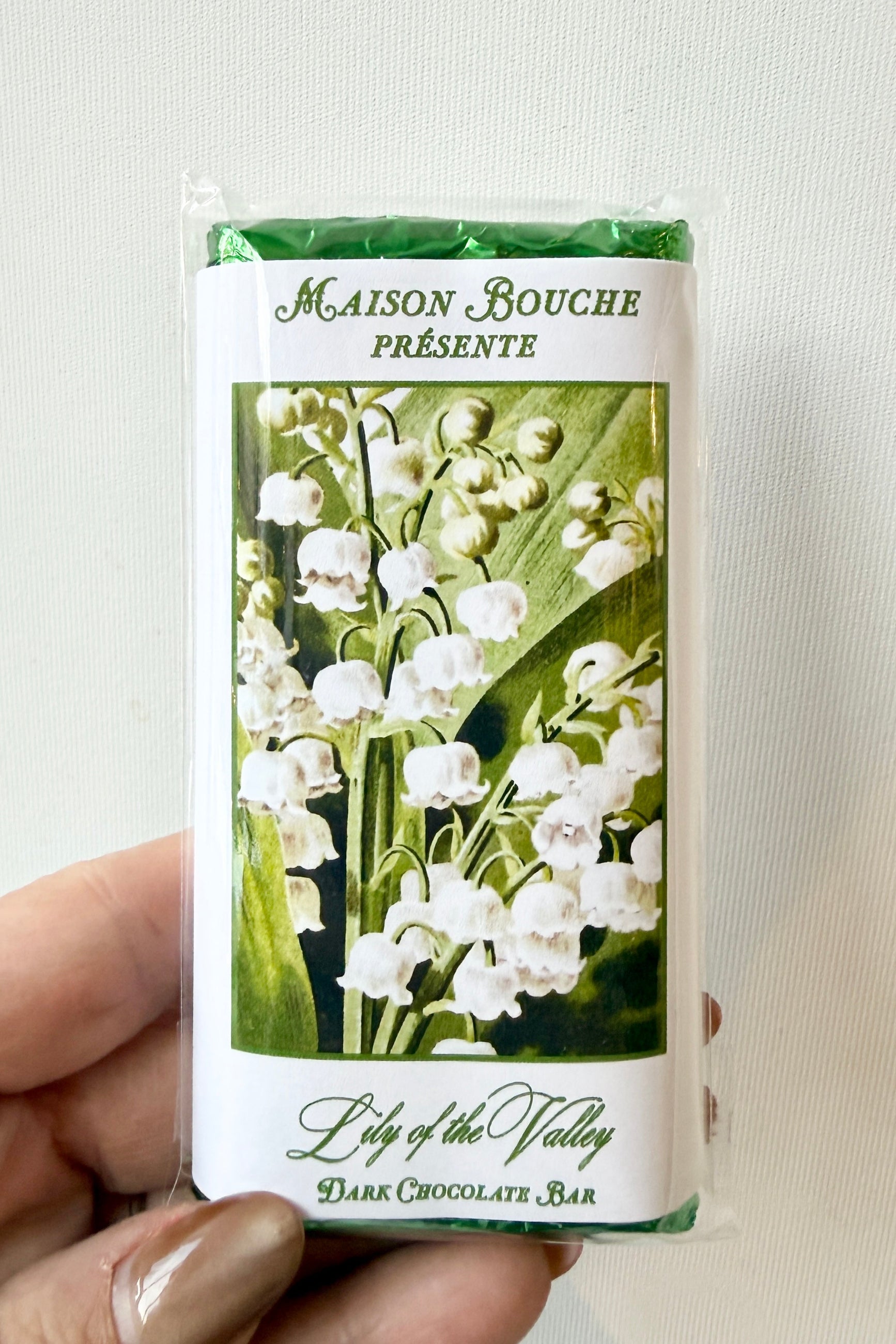 Maison Bouché chocolate bar with 'Lily of the Valley' design on a white background ©Sprout Home
