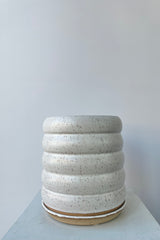 Photo of a white and speckle glazed ceramic bubble planter against a white wall