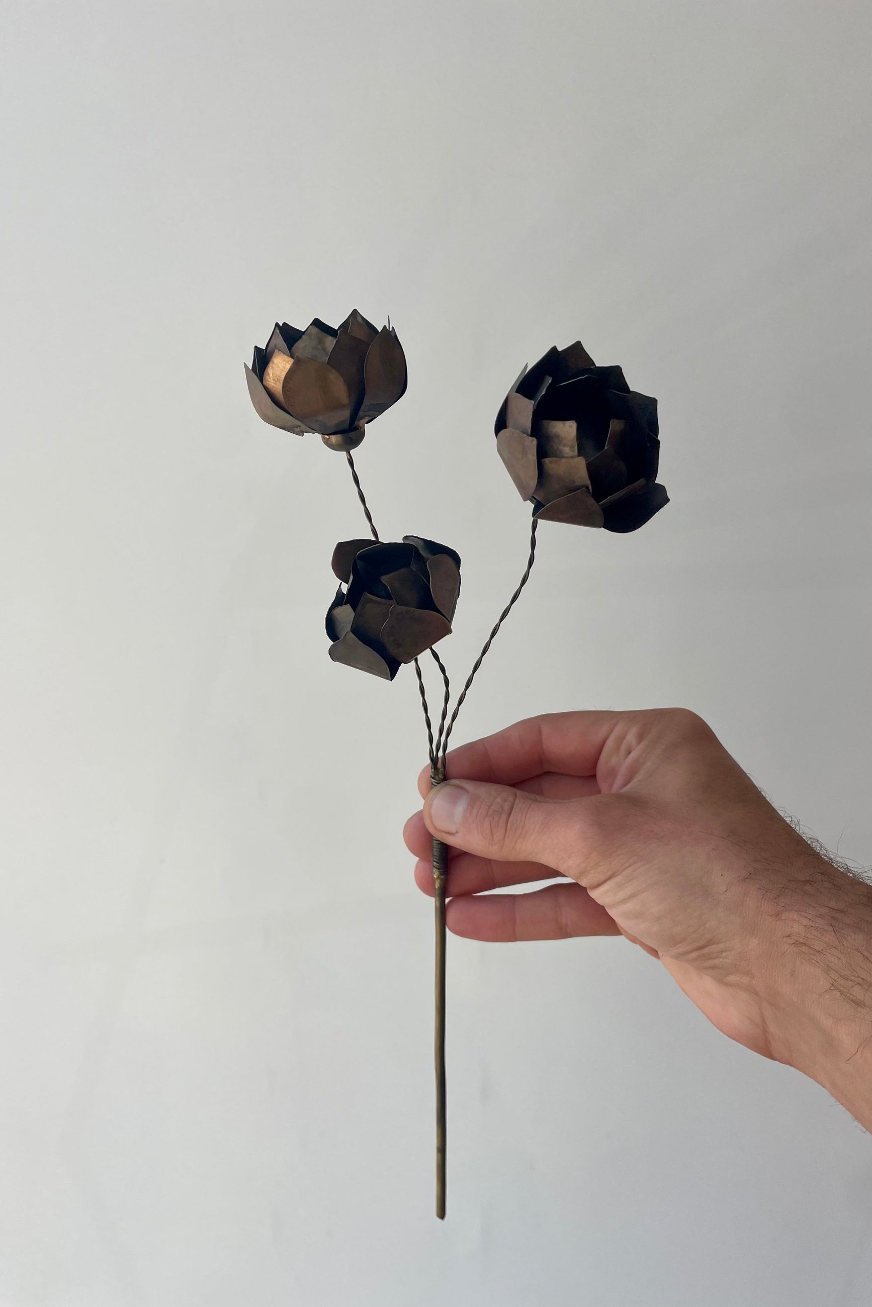 Photo of a hand holding a brass flower spike with three blooms in front of a white wall ©Sprout Home