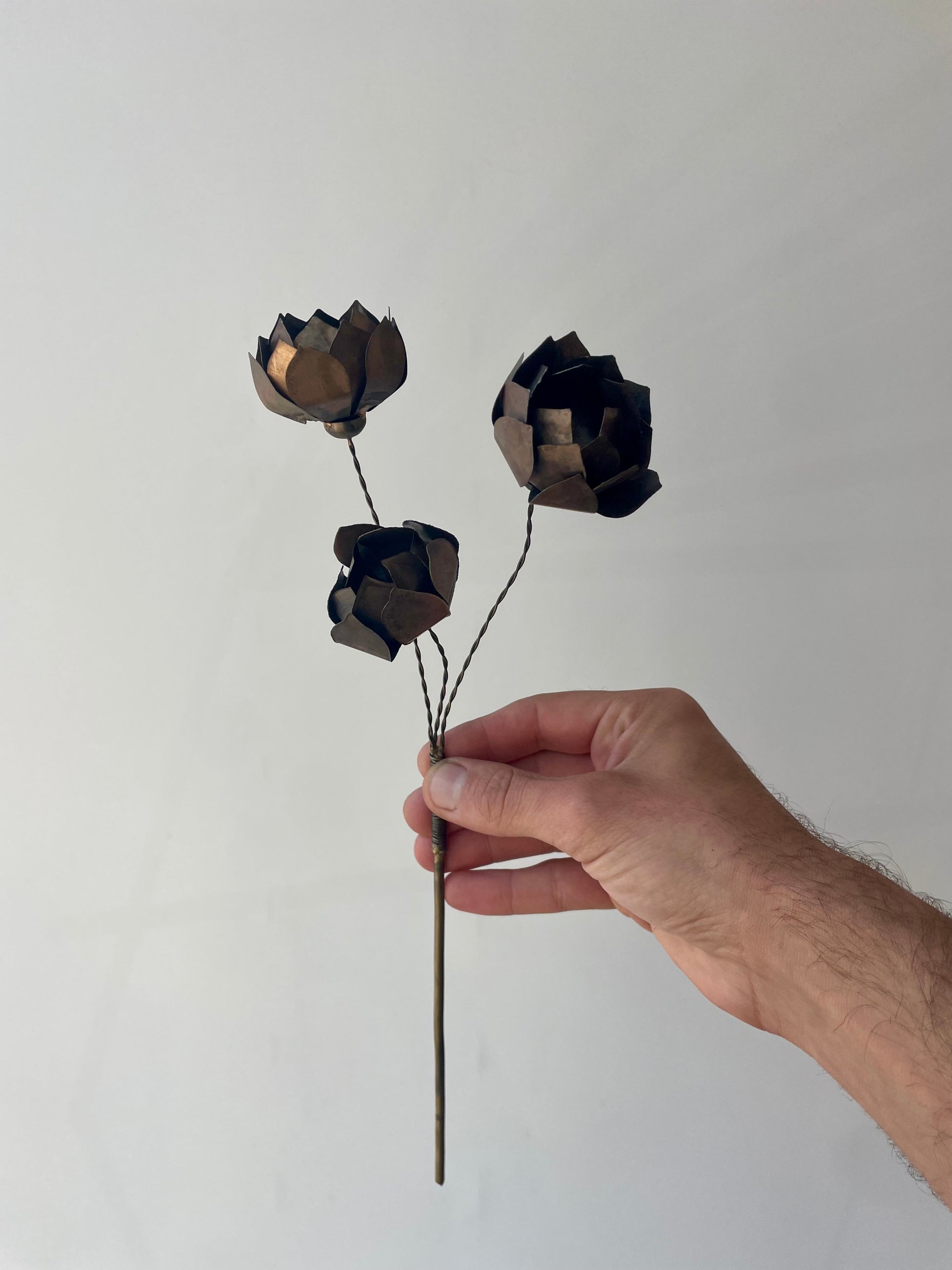 Photo of a hand holding a brass flower spike with three blooms in front of a white wall ©Sprout Home