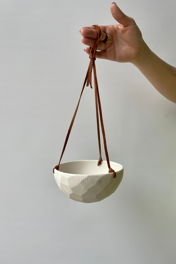 Photo of classic hanging planter with leather cord against a white wall.