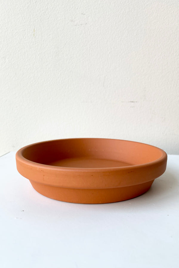 Standard red clay saucer to fit a 6" standard pot viewed from the side.