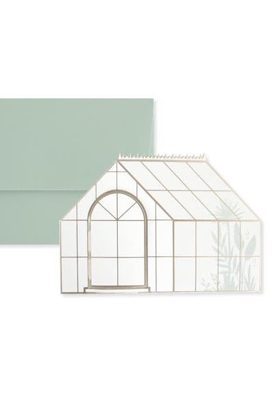 Greenery Pop up Card with the greenhouse door closed and the envelope behind. 