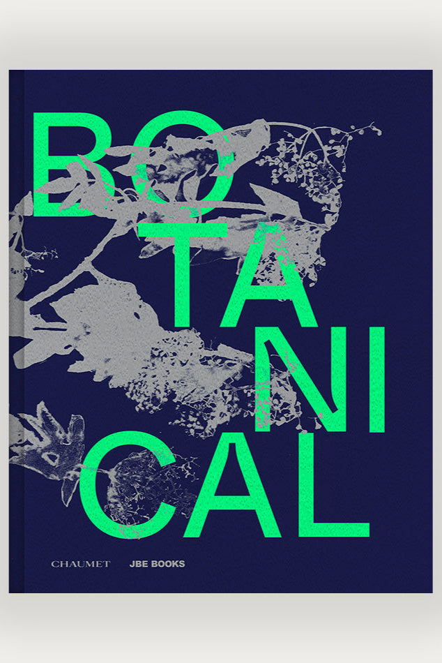 Botanical: Observing Beauty Book front cover with a dark black background, gray leaf images and bold green lettering ©Artbook D.A.P.