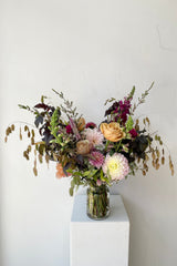 A custom Sprout Home arrangement in October in a Dusk style featuring dahlias